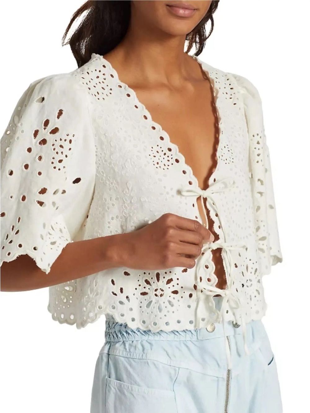 Sea New York Eyelet Tie Front Blouse White Cotton Puff Sleeve Scalloped Top L